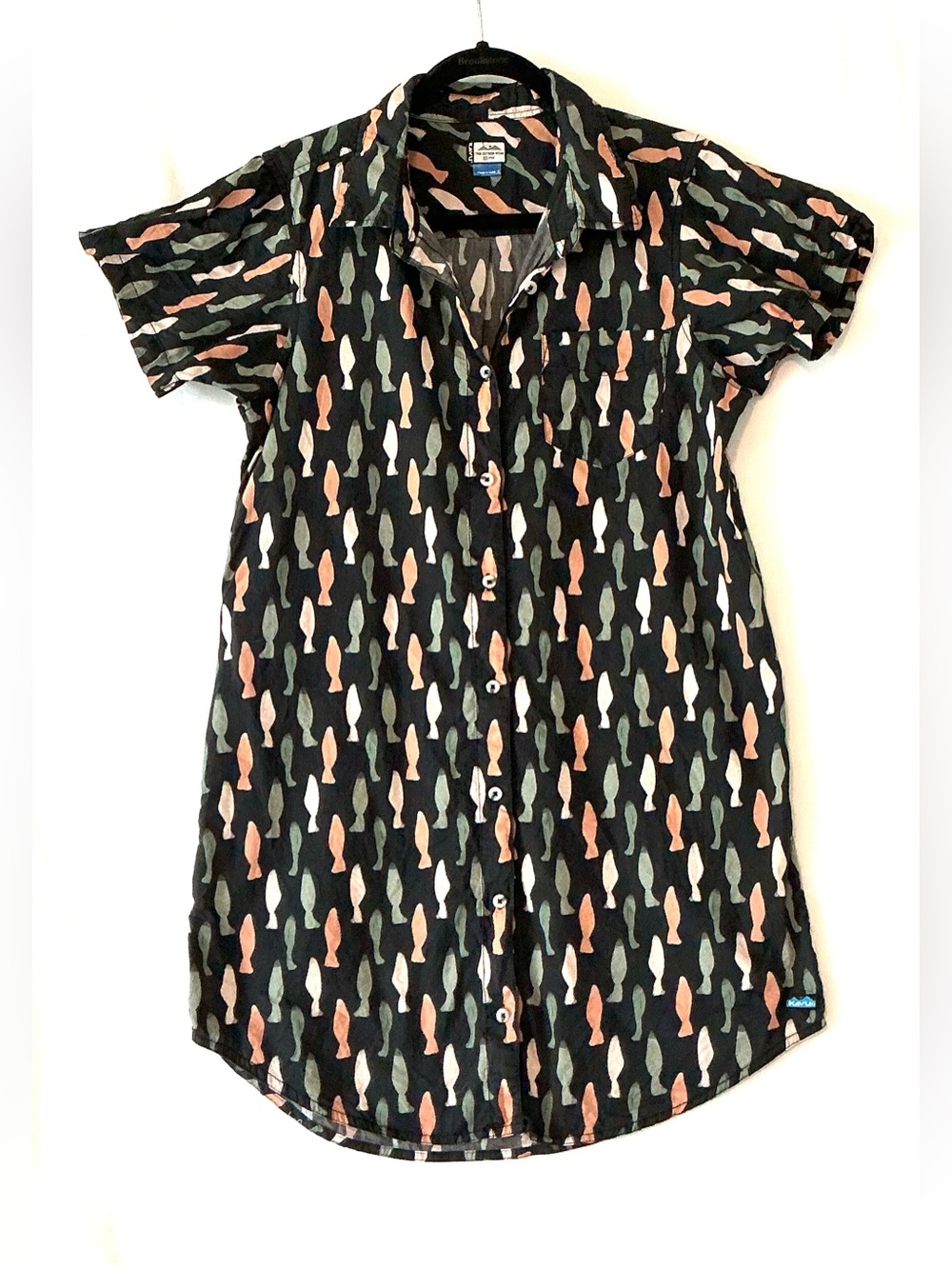 KAVU Women SzSM Girl Party Dress Upstream Print Fish Multi-Color Button Down